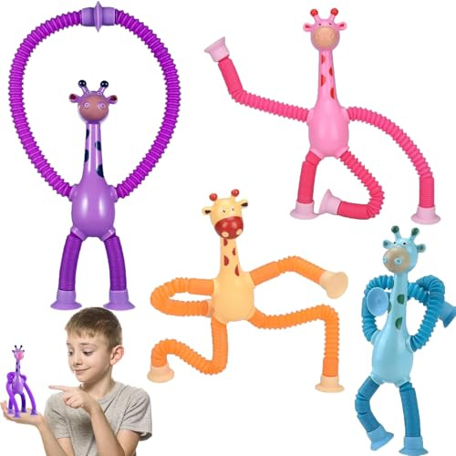 YANXINKE Teleskop Saugnapf Giraffe Spielzeug, 4 Stück Telescopic Suction Cup Giraffe Toy, Cartoon Teleskop Rohr Giraffe Stretch, Teleskop Giraffe Spielzeug