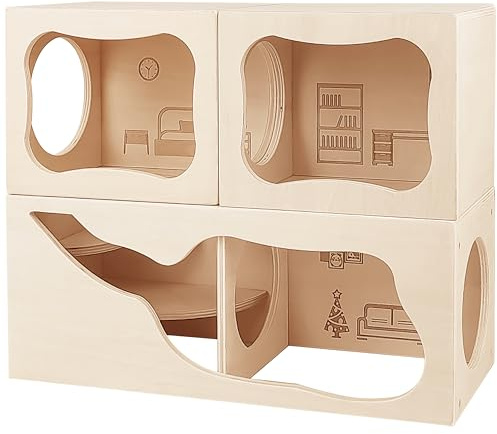 Hamster Hideout Wooden House,Hamsters Multi Chamber Hideout,Small Animal Habitat for Clear Observation,Hamster Toys for Dwarf Hamstersm,Gerbils, Hedgehogs, Rats, Mice