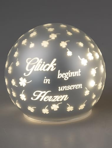 LED Dekokugel aus Glas Ø 12 cm mit Spruch (Glück beginnt in unserem Herzen) und Timer