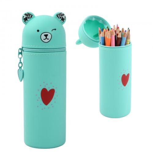 Granvoo Federmäppchen Silikon, 2 in 1Stand Up Pen Case Bear Style Weichem, Niedliches Bär Cup Pencil Case,Cute Schlampermäppchen, Stand-Federmäppchen Mäppchen für Studenten (Cute, Grün)