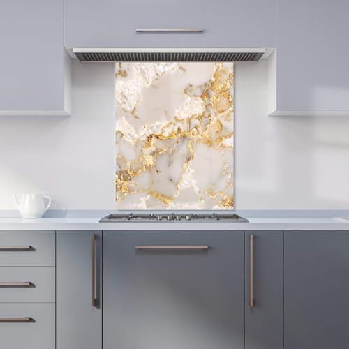 Premium Gold And White Quartz Effect Kitchen Splashback 6mm Toughened Glass Kitchen Splashback – Heat Resistant Splashback for Kitchens, Perfect for Cookers and Hobs, Polished Edges