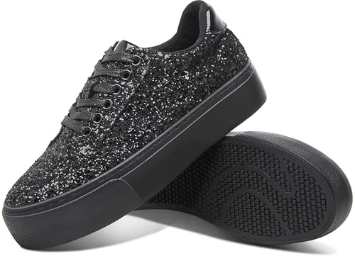 Jeekopeg Glitter Platform Sneakers Women Casual Sequin Sparkly Shoes Bling Thick Sole Walking Shoes Shiny Sequin Wedding Sneakers for Lady, All Black Glitter, 7 UK