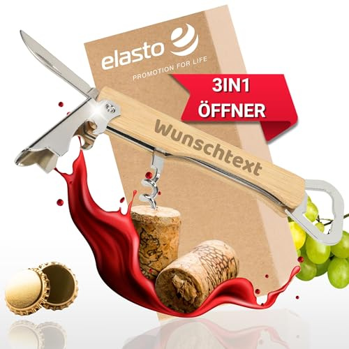 Personlig flasköppnare 3-i-1 Ease – multifunktionell öppnare i rostfritt stål och bambuhandtag – vinöppnare inklusive ölöppnare, korkskruv och servitörskniv – personlig presentidé, färg: silver
