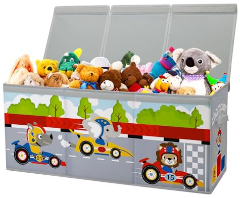Caja de Juguete Extra Grande con Tapa Abatible, Caja Almacenaje Oxford Plegable con Asa para Niños Niñas, Baúl Juguetes y Almacenamiento Impermeable Resistente, 96×32×40 (Carreras de animales)