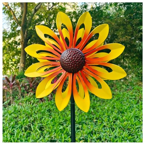 Sonnenblume Windrad Doppelwindrad mit gegenläufigen Rotoren,174CM, WindräDer Aus Metall FüR Den Garten Landschaft Terrasse, Rasens Oder Gartens,Yellow