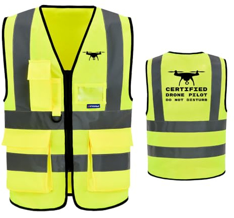 AYKRM Warnweste mit reflektierenden Streifen mit Reißverschluss und Tasche, Gelber Drohnen-Pilot, XL