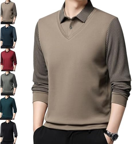 Herren Faux Zweiteiliges Revers Langarm Tops Fake Zweiteiliges Hemd Herren Langarm Faux 2-teiliges Strick-Poloshirt, khaki, L