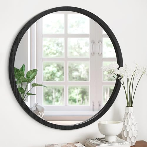 JJUUYOU Kreisspiegel, rund, 30 cm, Vintage-Stil, Wandmontage, Holzrahmen, Spiegel für Badezimmer, Wohnzimmer, Schlafzimmer, Schlafsaal, Dekoration, Schwarz