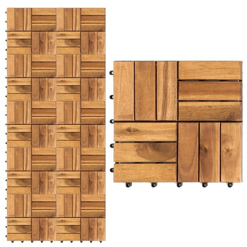 Hebitod Holzfliesen Terrassenfliesen Holz Fliesen, 33 Fliesen für 3m² 30x30cm Balkonfliesen Wetterfest mit Drainage, aus Akazienholz mit Klicksystem Stecksystem (Stil:12 Latten)