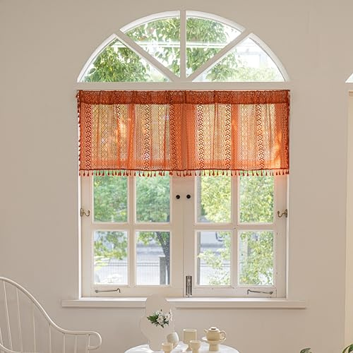 Sutuo Home Terracotta Boho Curtains Crochet Sheer Bohemian Hollow Knitted with Tassels, Valance Short Tier Privacy Vintage Rustic Farmhouse Drapes for Kitchen, Rod Pocket 1 Panel 59 W x 24 L, Orange