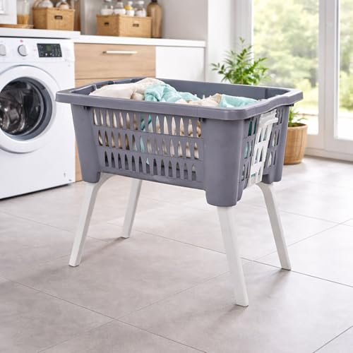 Wäschekorb Wäschesammler Wäschebox Wäschebehälter Korb Wanne tragbar klappbaren Füßen Grau B60xL40xH28/58cm