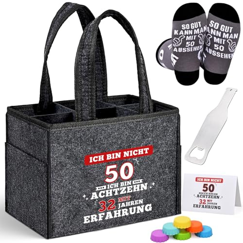 Alishomtll Geschenk zum 50 Geburtstag Flaschentasche für Männer, Filz Männerhandtasche Bier 6 Flaschen, Bierfest Vatertag Herrenhandtasche mit Flaschenöffner, Bier Socken, Flaschenverschluss, Grau