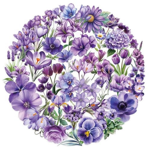 Risipu 50 Pcs Floral Stickers - Waterproof Clear PET Botanical Decals Kindle Stickers for Scrapbooking, Water Bottle, Guitar, Laptop Decoration (Purple Flowers)