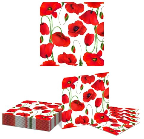 Kotkiddy 20 Stück Rote Mohnblumen Blumen Servietten, Blumen Papier Servietten Einweg, Blumen Party Papier Servietten Verzierung für Frühling Sommer Herbst