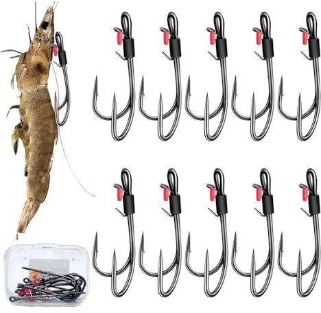 XFSRG 10 Pièces Hamecon Peche Doubles en Acier à Haute Teneur en Carbone Crevettes Vivantes Hameçons Portables en Boîte pour Poissons d'eau Douce et Salée(2#)