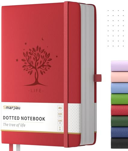 Smarpau Taccuino A5, Bullet Journal, copertina rigida, con 320 pagine, 100 g/m², resistente all'inchiostro, in pelle, per donne, uomini, lavoro, ufficio, scuola, 14,5 x 21 cm, rosso scuro