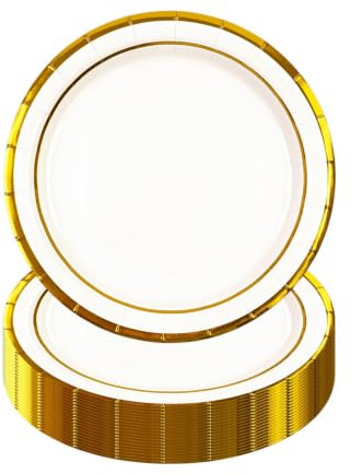 HiEnjoin 50 Stück Weiß Partyteller,18cm Goldfolie Einwegteller Pappteller für Geburtstag Einweg Dessertteller oder Jubiläen, Geburtstage, Hochzeitsfeiern