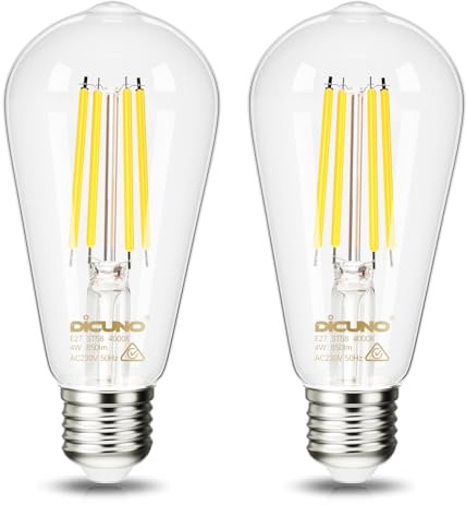 DiCUNO Ultra Efficient ST58 E27 Edison Screw Bulb, 4W (60W Equivalent), A Label Clear Filament Light, Energy Efficient Light Bulb, 4000K, 850LM, Non-dimmable, 2 Pcs