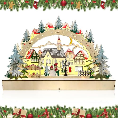 Lets Joy Luces Navideñas de Madera, Adornos Navideños, Village de Navidad Luminoso, Arco de Vela de Navideñas, 3D Decoración Iluminación de Navidad, Decoración