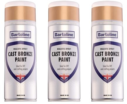 Bartoline 3 Pack Cast Bronze Spray Paint 400ml Gloss Finish – Realistic Cast Bronze Effect UV & Weather Resistant – Multi-Surface Use on Metal, Wood, Plastic and Ceramics – Interior & Exterior