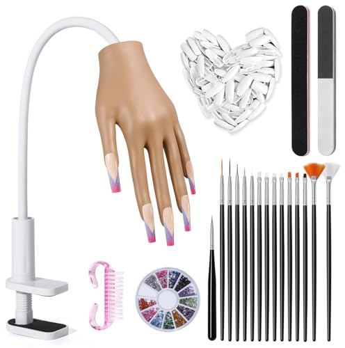 Yokilly Nail Practice Hand for Acrylic Nails Training with Nail Art Tools | T-Slot Tips,Silicone Flexible Fingers, Model Hand with 100 Tips, File, Buffer, Rhinestones, Brushes Practice Kit for Beginner
