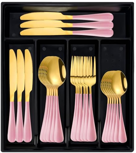 24-Piece Flatware Set with Organizer,Heavy Duty Stainless Steel Silverware for 6,Pink Cutlery Utensil Sets with Antiskid Handle，Rust-Proof Stainless Steel Cutlery, Mirror Polished (Pink Gold)