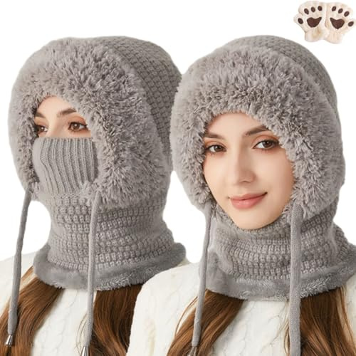 3 in 1 Beanie Mütze für Damen, Warm Gestrickte Winter Sturmhaube Schal mit Gesichtsbedeckung, Fleece Gefüttert Sturmhaube Hut Schal Set
