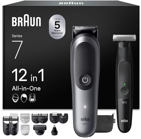 Braun Bundle mit All-in-One Series 7, 12-in-1 Multigroom Kopf und Körper, 120 Min Akku, 14 Längen (3–21 mm), Wasserdicht, AIO7545, Grau + Series XT3 Gesicht & Körper, Wasserdicht, XT3200, Schwarz