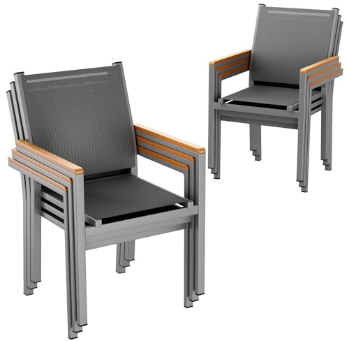 LIFERUN Stapelbarer Esszimmerstuhl Textilene, Gartenstuhl 6er Set, Aluminium, WPC Handlauf, Balkonstühle, für Terrasse, Balkon, Terrasse, Pool, Restaurants, Wetterfest, Grau, 6 pcs