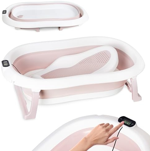 Babybadkar vikbart babybadkar – rosa babybadkar med termometer och badstol – 80 cm babybadkar för barn 0–36 månader – barnbadkar halkfritt bärbart
