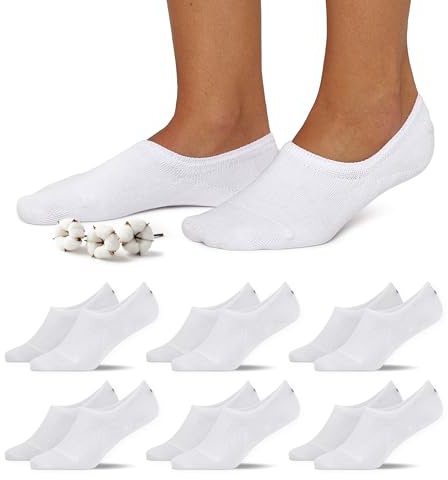 Snocks Füßlinge für Damen und Herren aus Bio-Baumwolle 6 Paar - Rutschfeste und unsichtbare Sneakersocken - Kurze Socken Gr. 43-46 - Farbe Weiß
