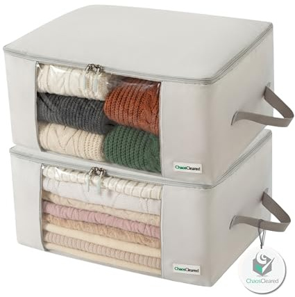 2 Pack Clothing Storage Bags Clothes Organizer folding fabric bags for sweaters, clothing, garment, bedding, quilt, linens, large folding organizers with zip & window, mothproof underbed space savers