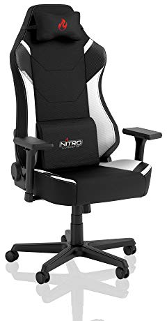 NITRO CONCEPTS X1000 Gaming Stuhl Bürostuhl Ergonomisch Schreibtischstuhl Drehstuhl mit Rollen Gaming Sessel Gaming Chair Pc Stoffbezug Belastbarkeit 135 Kilogramm - Schwarz/Weiß