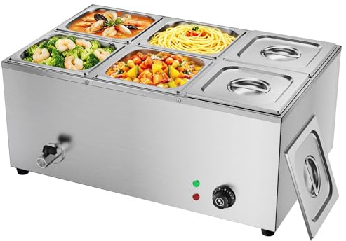 TAIMIKO Commercial Bain Marie - 1500W Stainless Steel Electric Food Warmer, 30-85°C Temperature Range, 6 Pans (GN 1/6 Containers - 150mm) with Lids & Drain Tap
