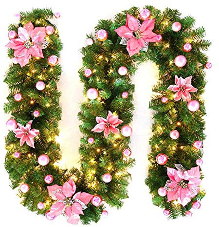 Tannengirlande Weihnachtsdeko Mit Led, 270cm Weihnachtsgirlande Mit Beleuchtung AußEn, Weihnachtsdeko TreppengeläNder, Kamine Treppen Wand TüR, Treppen Dekoration, Beleuchteter Kranz (Rosa)