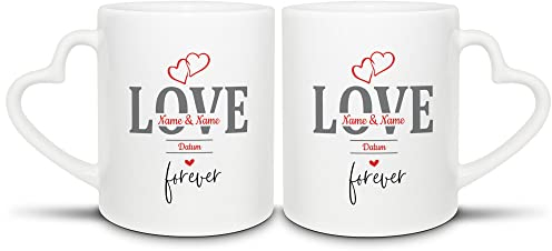 Tassendruck Partner-Tasse - Love Forever - mit Namen & Datum selbst gestalten - Geschenk zum Valentinstag, Jahrestag, Geburtstag, Paar-Geschenk - Hochwertige Keramik, 2er-Set I Personalisiert