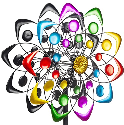 Viveta Kinetic Wind Spinner, 59 inch Outdoor Metal Windmills for Yard Garden, Double Wind Sculpture with Stable Stake, Multi-Color