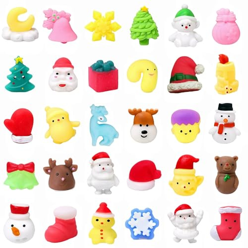 30 Stück Weihnachten Mochi Squishy,Mini Mochi Squishy Set Kawaii Weihnachtsmann Elch Schneemann Soft Mochi Squishy Spielzeug für Weihnachten Gastgeschenk Weihnachtsfeier Taschenfüller