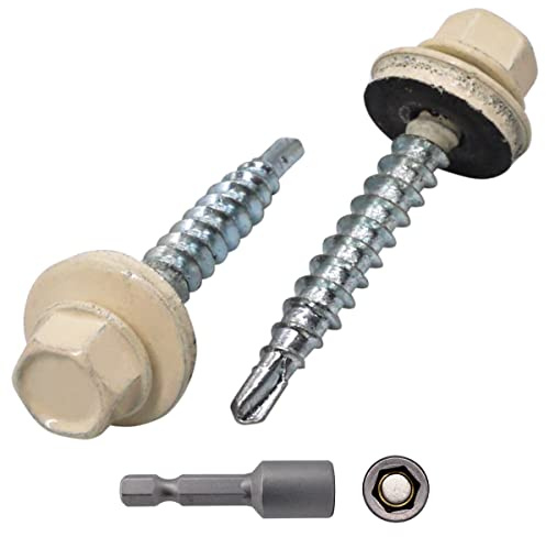 SKIR'CO (140 st) Takskruvar i metall, 4,8 x 35 mm målade självborrande skruvar med EPDM-brickor, sexkantshuvud (ljus elfenben RAL 1015)