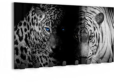DEQORI Wandgarderobe Glas & Metall | Motiv Leopard und Tiger | 60x30 cm | Design Haken-Leiste modern | Garderoben-Paneel für Flur, Wohnzimmer & Schlafzimmer | magnetisch & beschreibbar