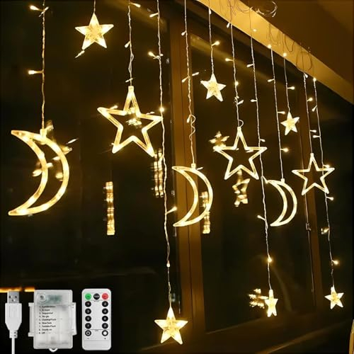 CNMTCCO Weihnachtsbeleuchtung Fenster Innen, Sterne Mond Lichtervorhang 138LED Lichterkette Fenster mit Timer 8 Funktionen USB ＆ Batteriebox, LED Sternevorhang Weihnachtsdeko