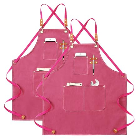 Kök förkläde Canvas (2 st), Arbetsförkläde med 3 Fickor Justerbar Strap Grill Förkläde Professionell Vattentät Män Kvinnor För Frisör, Kök, Trädgårdsmästare, Rosa, 120
