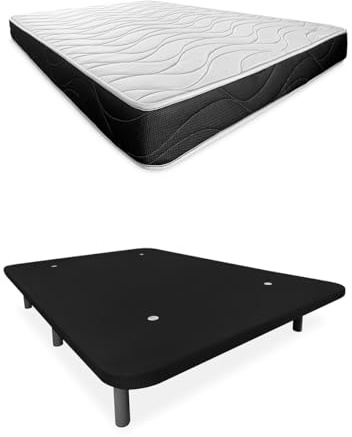 Somnia Descanso - Cama Completa con Colchón Bombay Reversible + Base Tapizada Extra Reforzada con 6 Patas Cilíndricas Metálicas Roscadas, 150 x 190, Negro