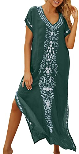 Strandklänning dam lång boho – sommarklänning dam lång elegant, sommarklänning cover up tunika kortärmad bomull t-shirt klänningar casual boho strandklänningar tryck blusklänning vintage festklänning,