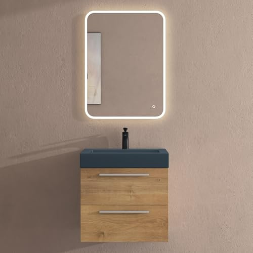 Doporro - Mueble de baño (3 piezas, mueble colgante con lavabo, 60 cm y espejo LED, diseño Quadratto, color marrón claro
