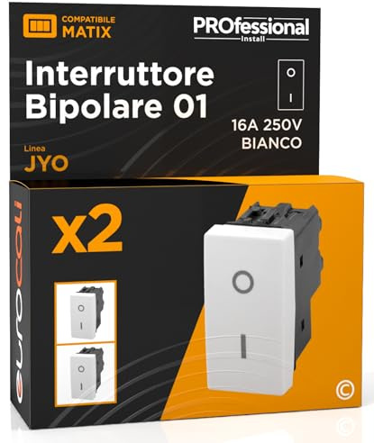 Interruptor bipolar de corriente 16 A 250 V I/O empotrable de pared color blanco frutas compatibles con Bticino Matix Serie Civil 502B – Paquete de 2