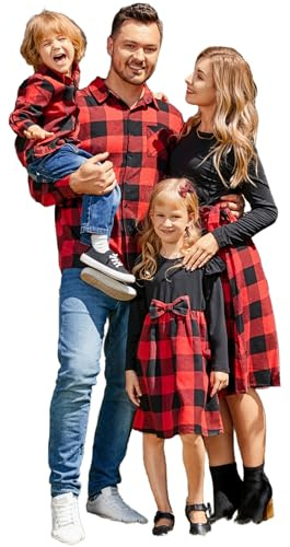 PATPAT Familienoutfit Karo Familienporträts (Hemd + Kleid), Mutter Tochter Outfit Mama Partnerlook, Mommy and Me, Fotografie Reisen Versammlungen Familienrituale, RotHerrenL