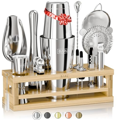 BARE BARREL® Cocktail Making Kit | 16-Piece Bartender Kit Cocktail Shaker Set Maker | Bamboo Display Stand & 35 Recipe Cards | Mixology Cocktail Gift Set (800ml/28oz Boston Shaker, Silver/Natural)