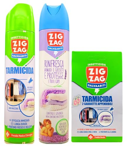 SET SALVA ABITI: TARMICIDA Spray Per Armadi e Cassetti 300ml + Spray RINFRESCA Armadi e Cassetti e PROTEGGE i Tuoi Capi 300ml + Gabbiette Appendibili TARMICIDA Per Armadi e Cassetti