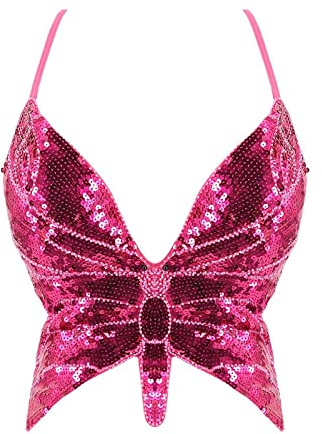 Haut court papillon à paillettes pour danse du ventre Haut de crop top pour femmes, Butterfly Sequin Halter Top Bandage Top Costume de gilet sans manche arrière à lanière Haut à paillettes Ajuster